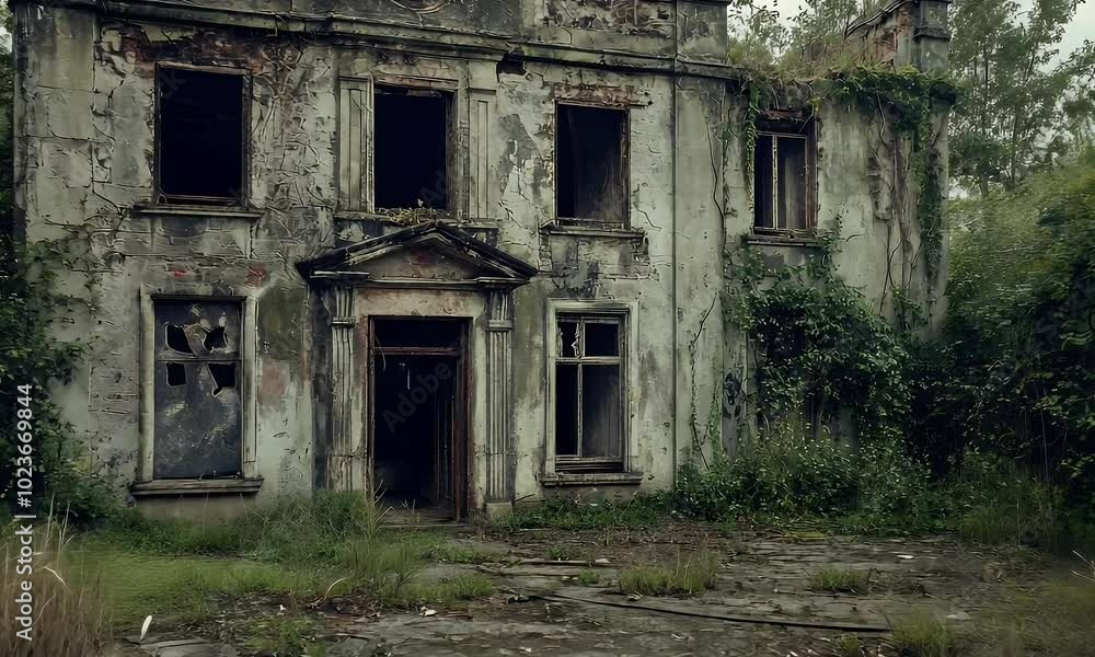 An abandoned, overgrown building with broken windows and a neglected facade. An abandoned, overgrown building with broken windows and a neglected facade.