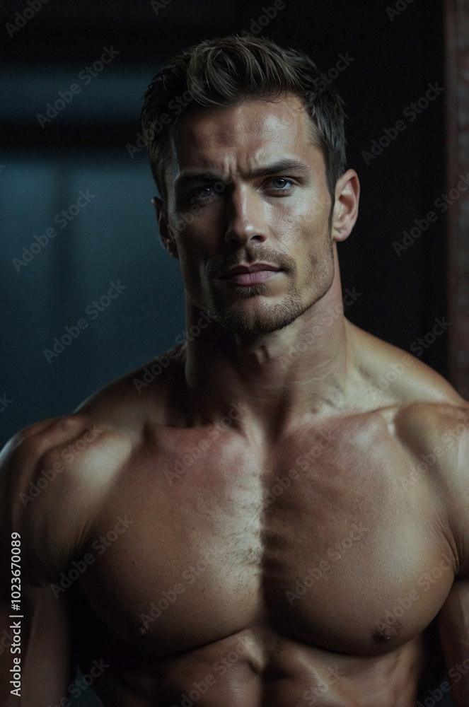 A tall, muscular man confidently poses in a dim gym, showcasing his impressive physique during a late workout