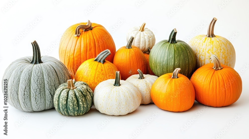 Diverse collection of autumn pumpkins stacked on a white background for seasonal celebration theme Diverse collection of autumn pumpkins stacked on a white background for seasonal celebration theme