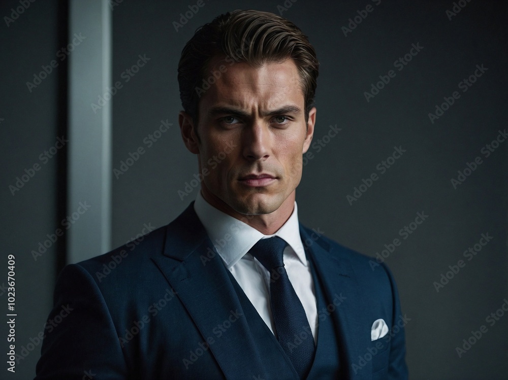 A tall muscular man in a sharp suit exudes confidence in a modern office setting during the late afternoon. A tall muscular man in a sharp suit exudes confidence in a modern office setting during the late afternoon.