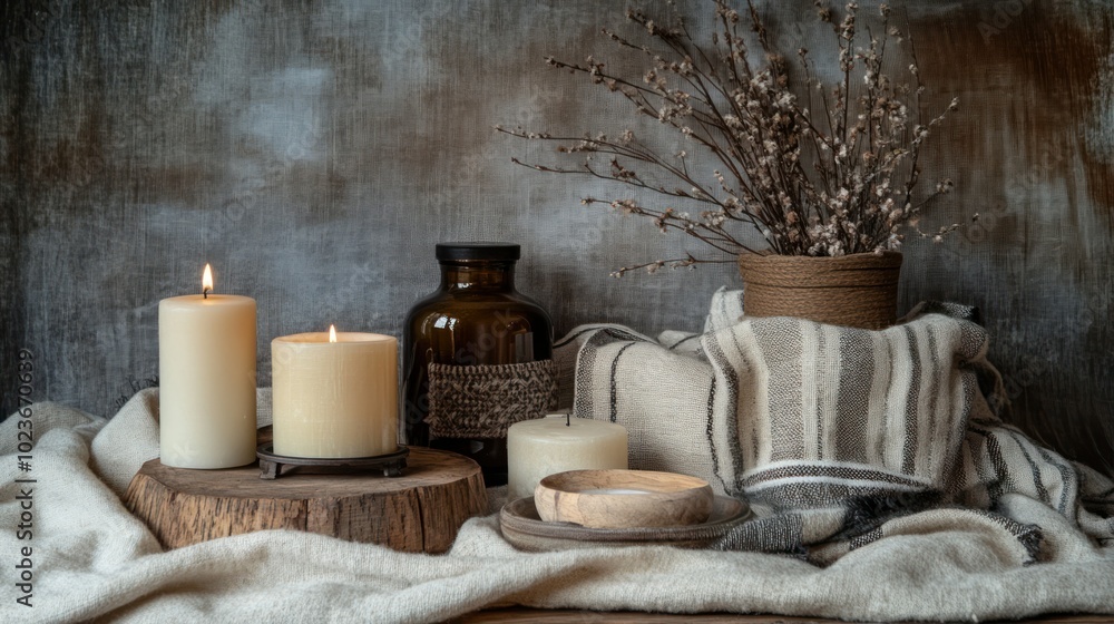 Rustic Still Life with Candles, a Blanket, and Dried Flowers Rustic Still Life with Candles, a Blanket, and Dried Flowers