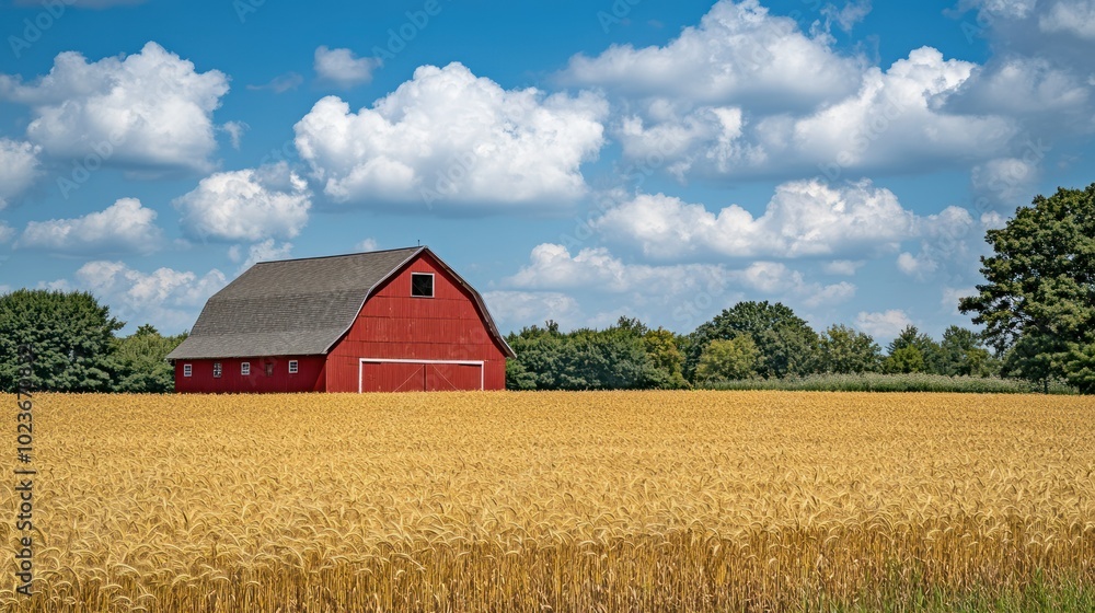 A red barn stands in a field of golden wheat under a blue sky with puffy white clouds. A red barn stands in a field of golden wheat under a blue sky with puffy white clouds.