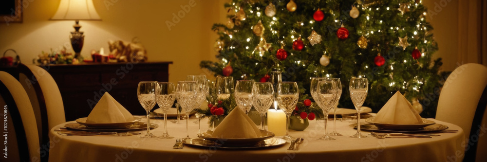 Elegant beautiful table setting to Christmas eve, New year celebrations against decorated Christmas tree in living room Elegant beautiful table setting to Christmas eve, New year celebrations against decorated Christmas tree in living room