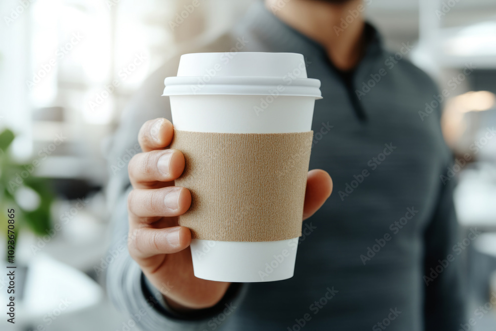 Man holds a coffee cup with a cardboard sleeve Man holds a coffee cup with a cardboard sleeve