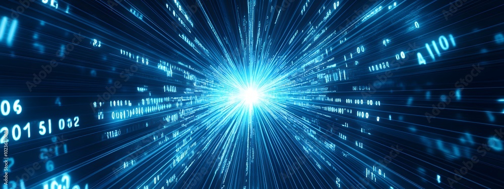 Fototapeta premium Digital binary code background with blue color, representing data and technology