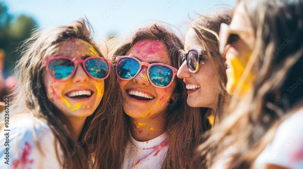 Group of friends wearing sunglasses, smiling and enjoying a colorful festival under the bright sun Group of friends wearing sunglasses, smiling and enjoying a colorful festival under the bright sun