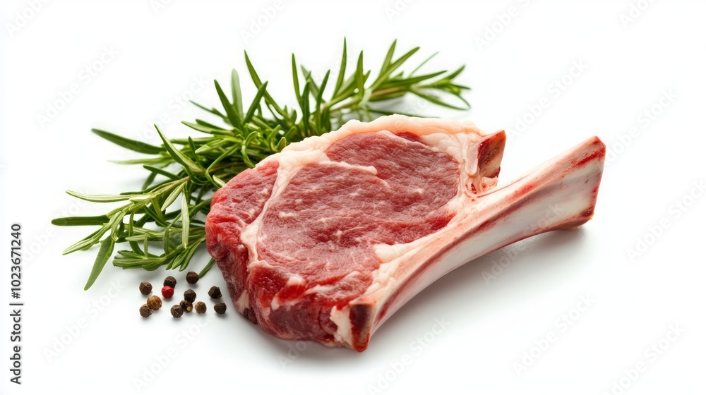 Raw lamb chop with rosemary and peppercorns isolated on a white background. Raw lamb chop with rosemary and peppercorns isolated on a white background.