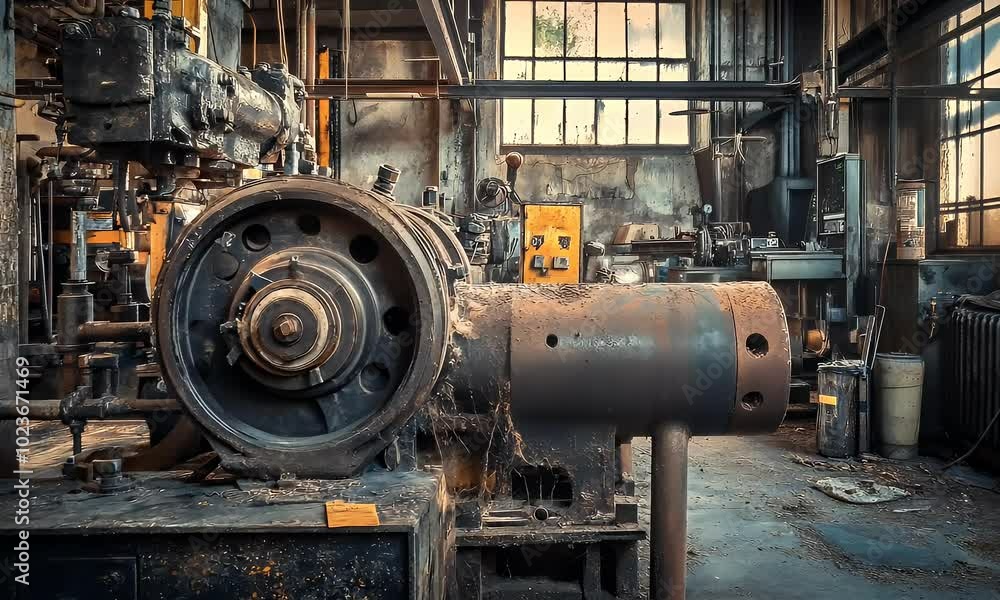 An industrial workspace featuring machinery and equipment, showcasing wear and age. An industrial workspace featuring machinery and equipment, showcasing wear and age.