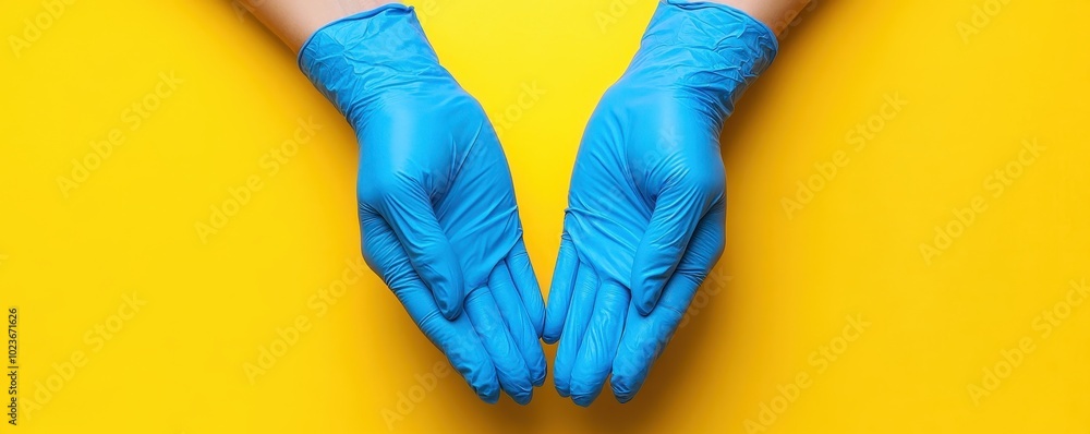 Close-up of dentist hands wearing gloves on yellow background Close-up of dentist hands wearing gloves on yellow background