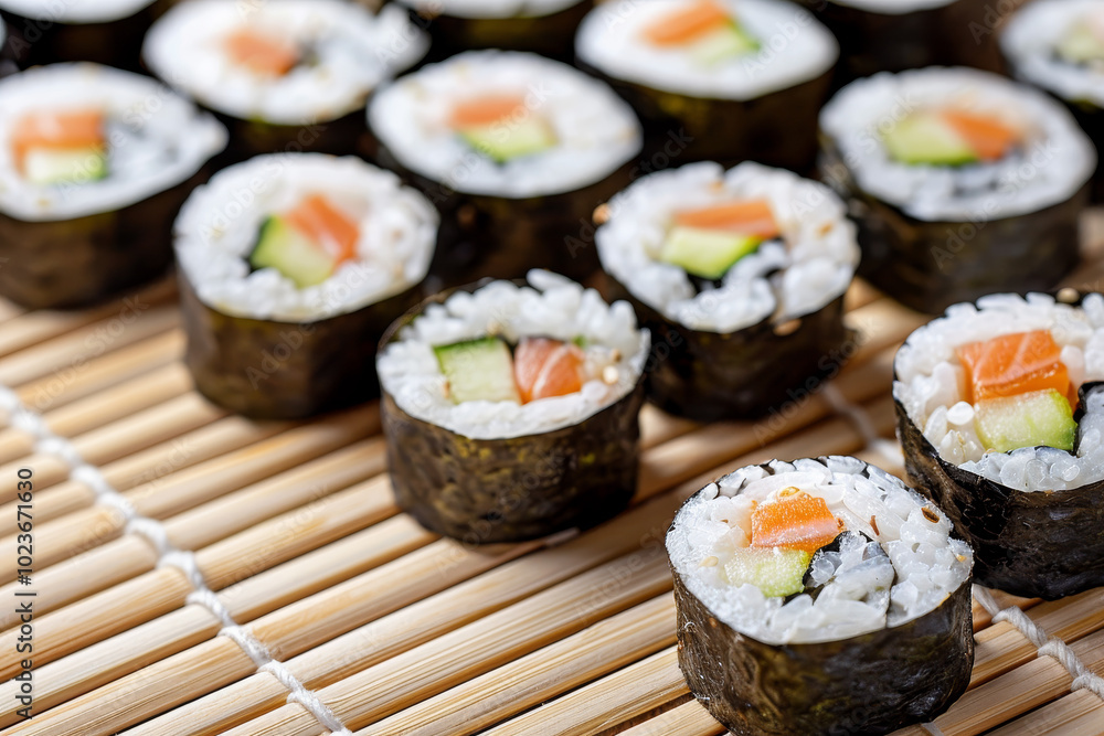 A plate of sushi with a variety of vegetables and fish A plate of sushi with a variety of vegetables and fish