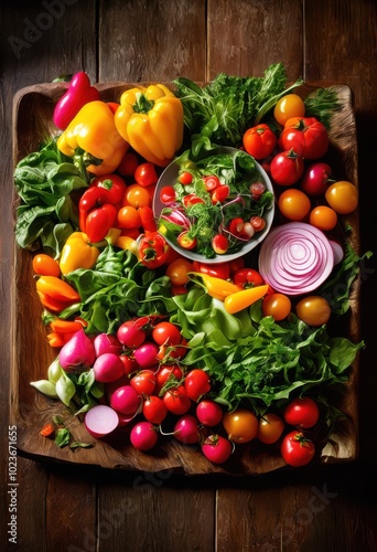 colorful fresh vegetable platter arrangement rustic wooden table displaying variety healthy produce eye catching presentation, appetizer, artisan, nature