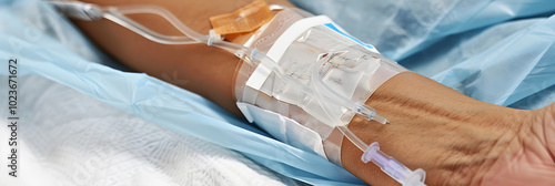 High-Standard Infection Control: Intravenous Line Placement in Patient's Arm Amidst Clinical Setting