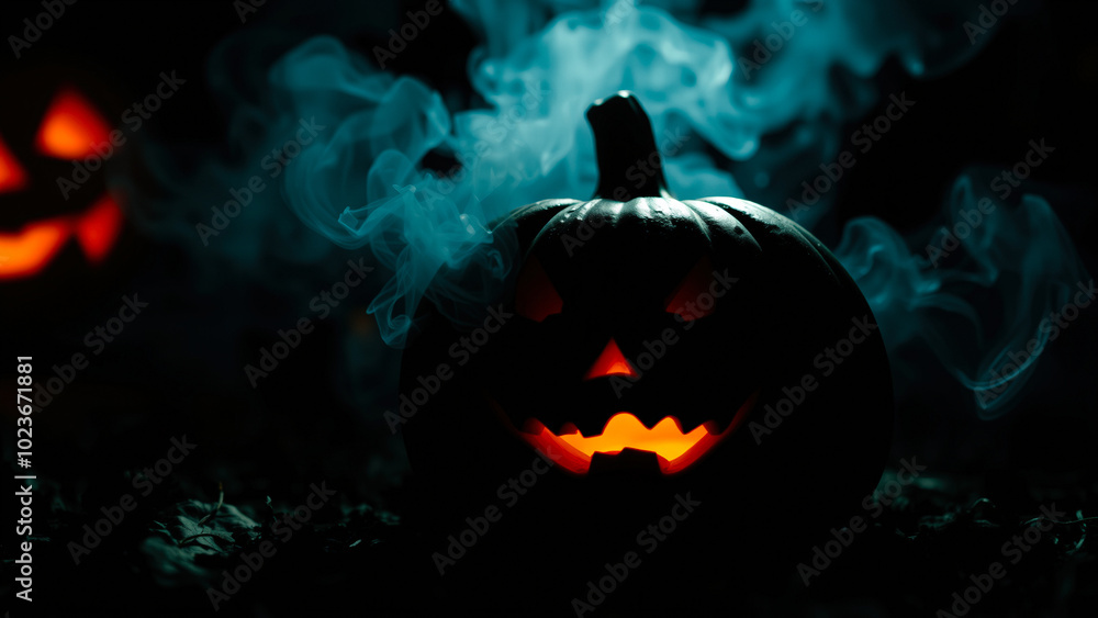 Naklejka premium Spooky Halloween Pumpkin with Eerie Green Smoke