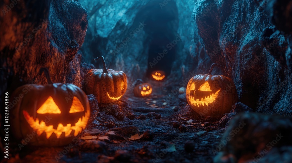 Spooky Halloween Scene with Flaming Pumpkins in Dark Cave Spooky Halloween Scene with Flaming Pumpkins in Dark Cave