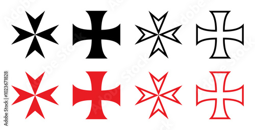 maltese cross sign set isolated. black and red various styles and shapes 