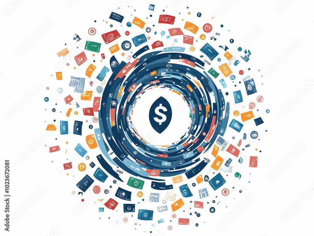 Flat Abstract Discount Whirlpool Concept: A Wide Shot of a Swirling Vortex of Discount Symbols and Price Reductions - Immerse in Savings with a Smart Business Tone Illustration Flat Abstract Discount Whirlpool Concept: A Wide Shot of a Swirling Vortex of Discount Symbols and Price Reductions - Immerse in Savings with a Smart Business Tone Illustration
