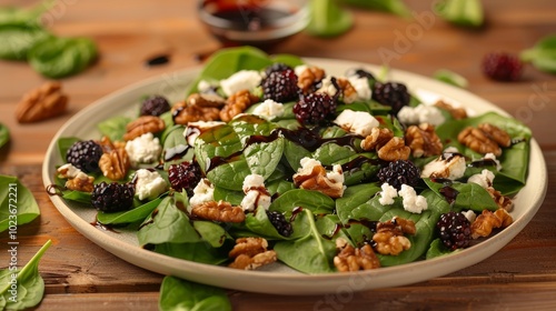 Fresh and Nutritious Vibrant Salad with Spinach Goat Cheese Walnuts and Mulberries in Balsamic Dressing