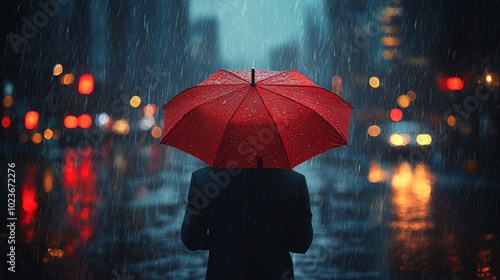 Wallpaper Mural A solitary figure stands with a vibrant red umbrella amid a blurred, rain-soaked city scene, reflecting the interplay of light and shadow in a bustling street. Torontodigital.ca