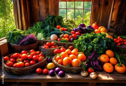vibrant display fresh organic produce featuring colorful array vegetables fruits artfully arranged showcase natural beauty nutritional variety, apples
