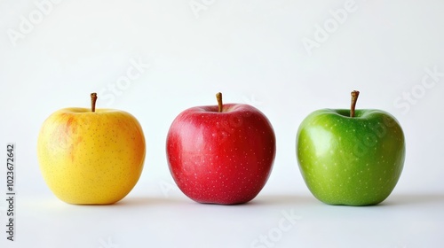 Ripe fresh colorful apples with drops of water. Red, green and yellow fruits isolated on white background