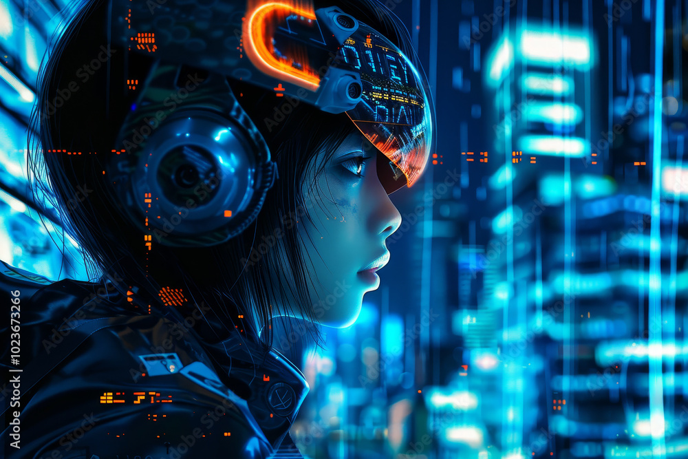 A woman in a futuristic outfit with a helmet on her head A woman in a futuristic outfit with a helmet on her head