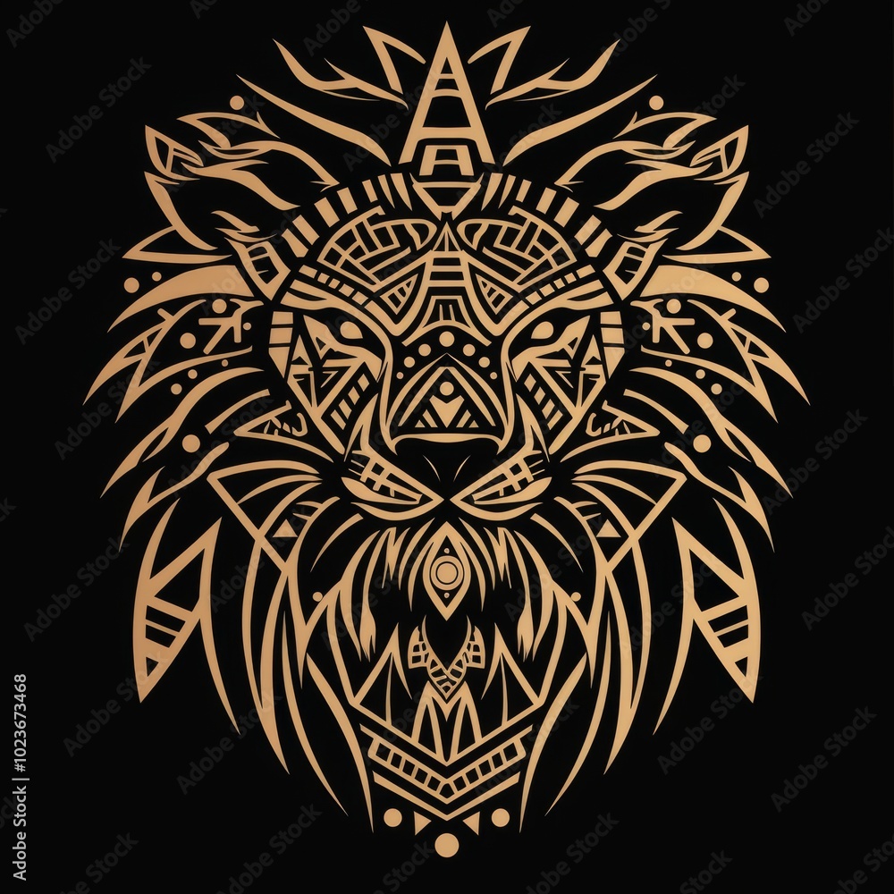 Fototapeta premium Lion head with tribal designs in simple line art.