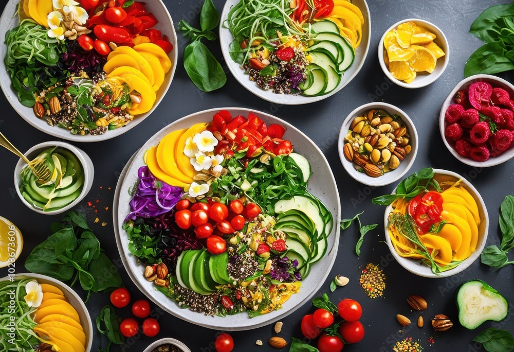 Fototapeta premium colorful plates featuring varied dietary options array fresh ingredients creative presentations health conscious meals, appetizer, arrangement, buffet