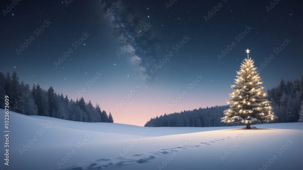 A serene winter landscape featuring a decorated Christmas tree shining under the starry sky at twilight, surrounded by snow-covered forest A serene winter landscape featuring a decorated Christmas tree shining under the starry sky at twilight, surrounded by snow-covered forest