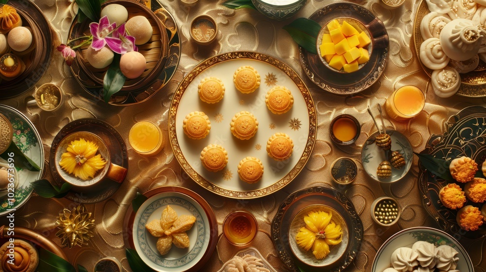 Exquisite Dim Sum Delights A Decadent Spread of Egg Tarts and Mango Sago on an Ornate Table Setting Exquisite Dim Sum Delights A Decadent Spread of Egg Tarts and Mango Sago on an Ornate Table Setting