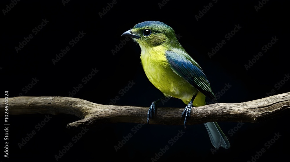 Fototapeta premium Green-backed Becard Bird Perched on a Branch on a Black Background, Photo Realistic, Standard Background, Wallpaper, Cover and Screen for Smartphone, PC, Laptop, 9:16 and 16:9 Format