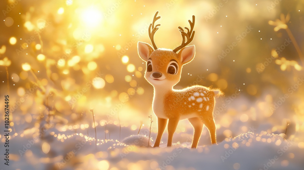 illustration of a cute baby reindeer in a bright, snowy field with golden hour lighting illustration of a cute baby reindeer in a bright, snowy field with golden hour lighting