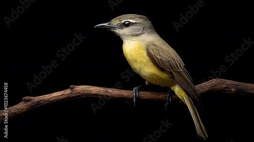 Green-backed Becard Bird Perched on a Branch on a Black Background, Photo Realistic, Standard Background, Wallpaper, Cover and Screen for Smartphone, PC, Laptop, 9:16 and 16:9 Format photo