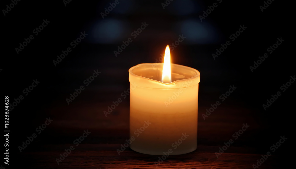 Burning candle on a wooden table in dark. Shallow depth of field. copy space Burning candle on a wooden table in dark. Shallow depth of field. copy space