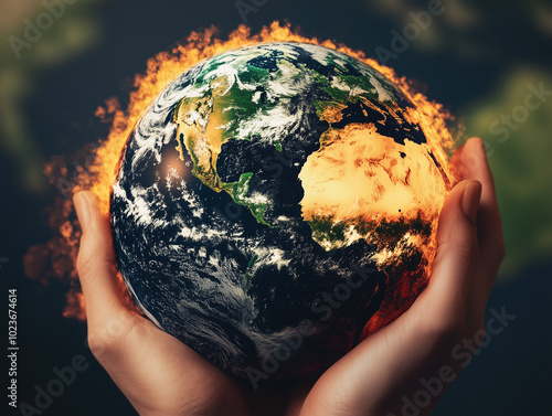 Human hand holding planet earth on fire photo