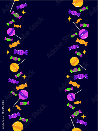Vertical seamless border frame with candy and lollypops on a dark background. Happy Sweetest Day and halloween. Vector Template for posters, postcards, cards, banners, packaging, menu
