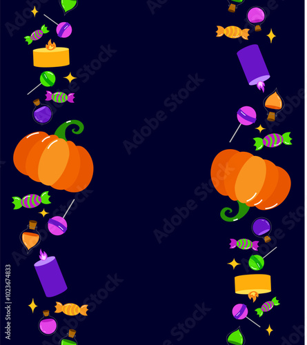 Halloween seamless vertical border with candies, lollypops, pumpkin, candles, potion. Dark background. Design for holiday designs, party, birthday, invitation. 
