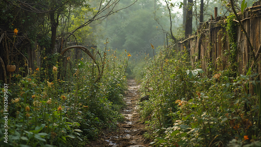 Fototapeta premium Path Through Overgrown Garden: Nature and Wilderness