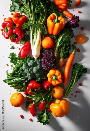 colorful arrangement fresh vegetables suspended air dynamic light bright background offering playful visual experience, carrot, tomato, pepper, cucumber