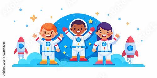 Kids Role Playing Astronauts Launching Toy Rockets in Backyard Space Center Adventure - Macro Close Up with Bokeh Background and Copy Space for Text