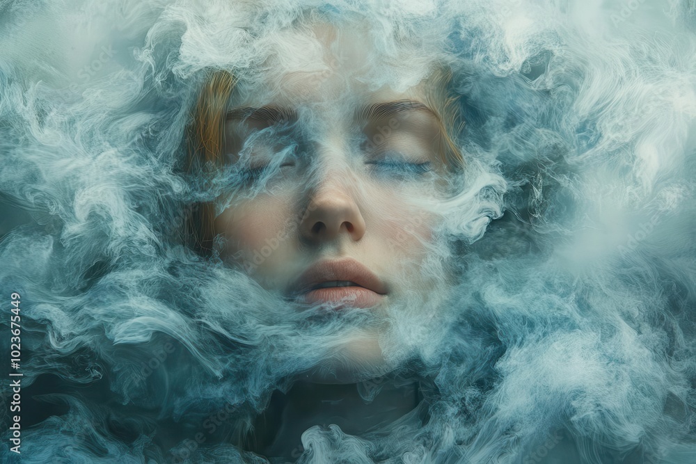 surreal portrait of young woman with head enveloped in swirling mist cloud symbolizing mental health struggles muted color palette with occasional pops of hopeful color surreal portrait of young woman with head enveloped in swirling mist cloud symbolizing mental health struggles muted color palette with occasional pops of hopeful color