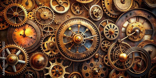 Clocks, hourglasses, and sundials converge, surrounded by gears, cogs, and rustic clockwork mechanisms, evoking the passage and measurement of time in a nostalgic, industrial setting.