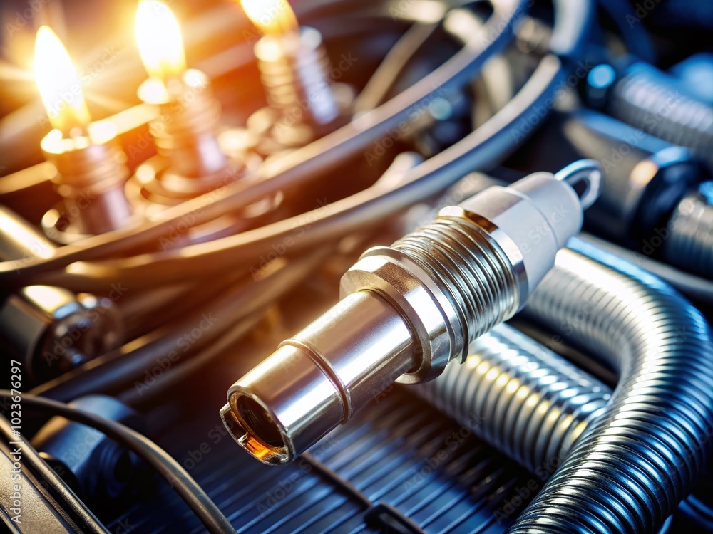 Close-up of a shiny spark plug with wires attached, inserted into a car's engine block, with surrounding mechanical components blurred in the background. Close-up of a shiny spark plug with wires attached, inserted into a car's engine block, with surrounding mechanical components blurred in the background.