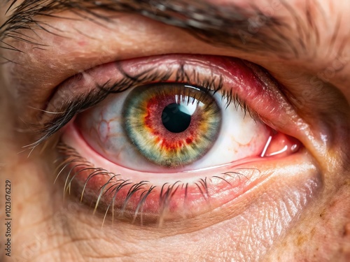 Close-up of a severely irritated human eye with inflamed conjunctiva, redness, and discharge, indicating keratitis, a common inflammatory corneal condition.