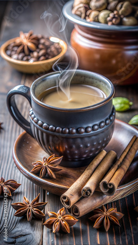 Steaming chai tea with cinnamon and star anise in dark ceramic mug on wooden plate