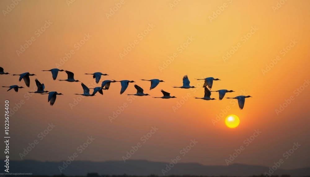 Fototapeta premium Captivating Flock of Birds in V-Formation: Majestic Avian Flight Patterns at Dusk Against a Tranquil Sky
