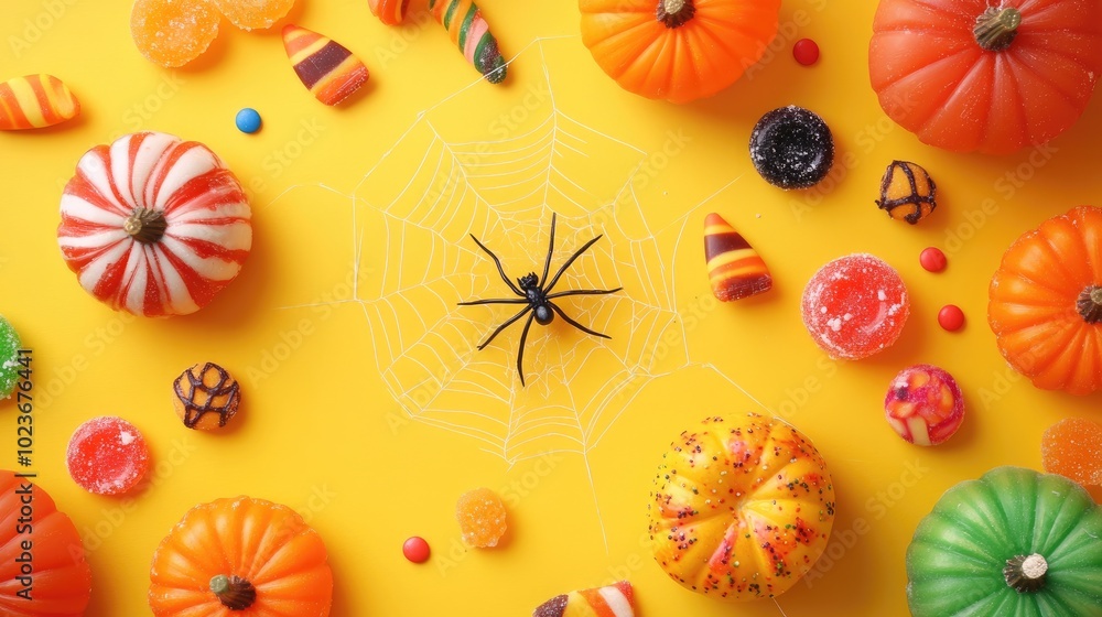 Halloween themed stock image with festive candies pumpkins and spider web on yellow background Halloween themed stock image with festive candies pumpkins and spider web on yellow background