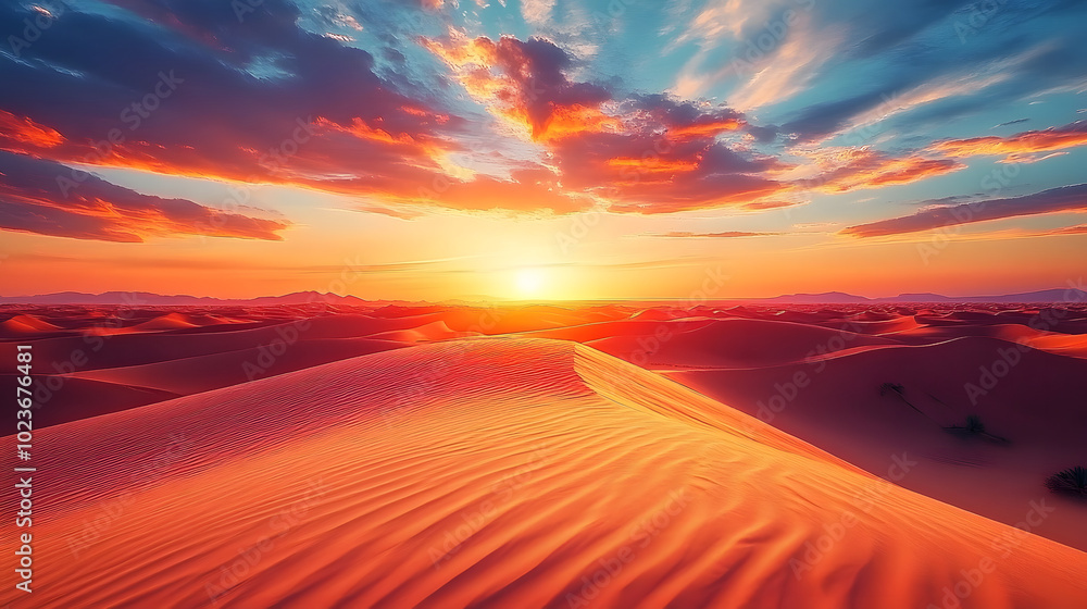Breathtaking sunset over a vast desert landscape with golden dunes and a colorful sky Breathtaking sunset over a vast desert landscape with golden dunes and a colorful sky