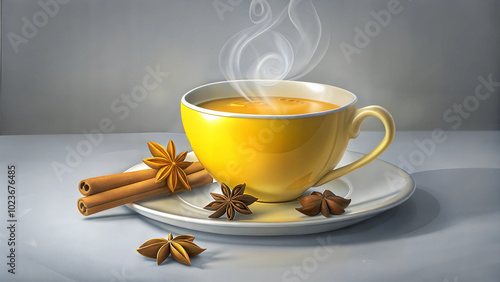 Steaming chai tea with cinnamon and star anise in yellow cup on saucer