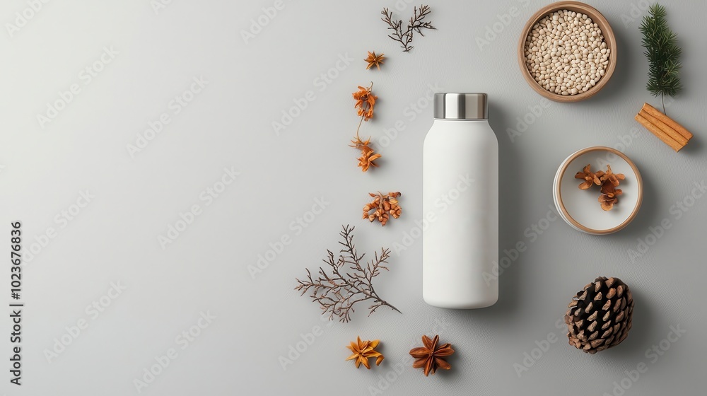 Matte eco-friendly water bottle with minimalist design, on a neutral background, surrounded by organic materials Matte eco-friendly water bottle with minimalist design, on a neutral background, surrounded by organic materials