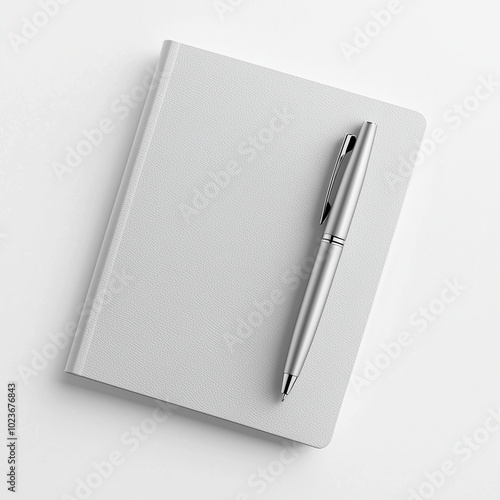 Notebook with Pen Mockup - Top View, isolated light grey background